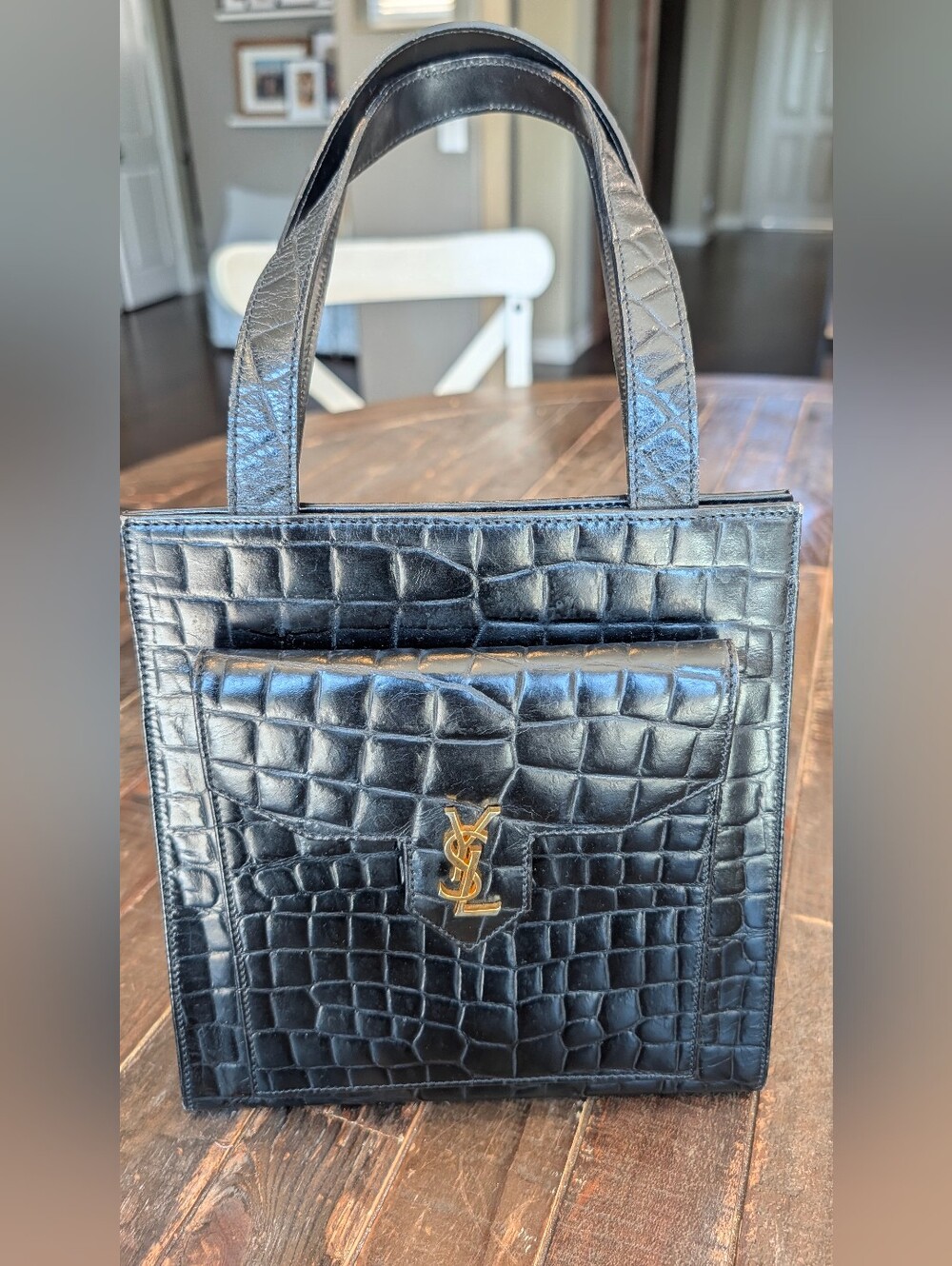 Saint Laurent Black Croc-Embossed Leather Tote